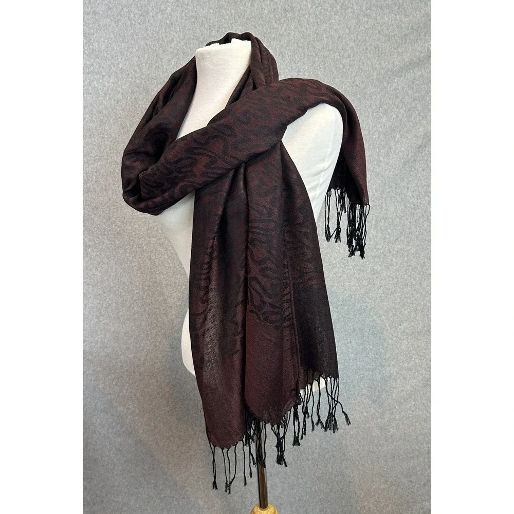 Wool Silk Blend Scarf Wrap Burgundy Black Abstract Doodle Squiggle Artsy Fringe